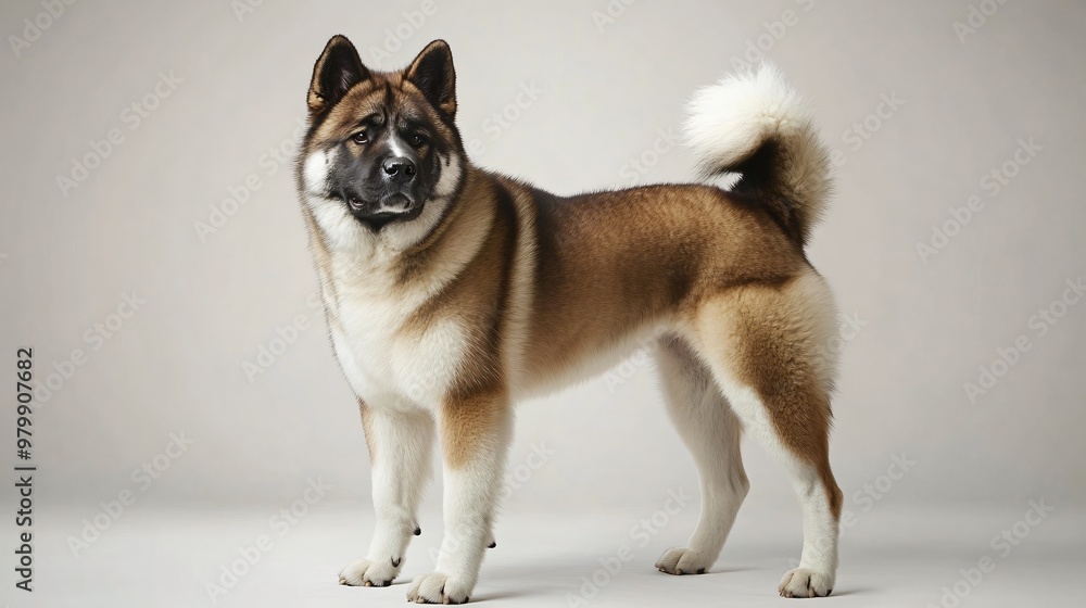 A majestic Akita dog standing proudly on a light solid color background, showcasing its thick fur and strong physique A majestic Akita dog standing proudly on a light solid color background, showcasing its thick fur and strong physique