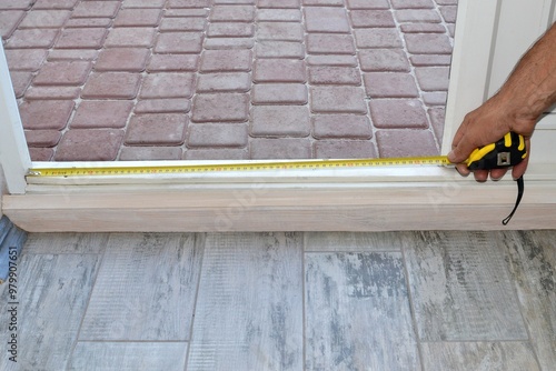 Measuring the entrance door opening with a tape measure.