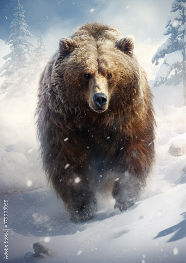 Fierce bear walking in a snowy forest painting Fierce bear walking in a snowy forest painting