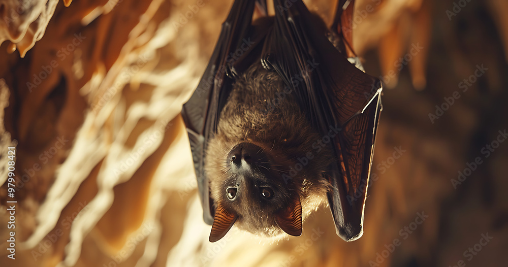 Close-Up of a Bat Hanging Upside Down in a Cave: Detailed View of Its ...