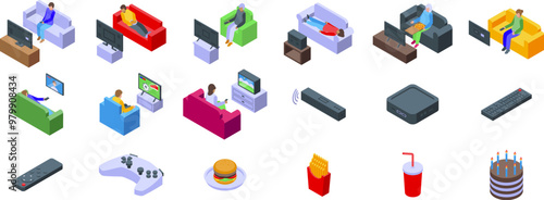 Lazy tv icons set. People watching television at home sitting on sofa isometric view icons set for web design isolated on white background