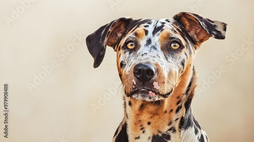 A close-up portrait of a Catahoula Leopard Dog with its ears perked up, highlighting its unique spots and vibrant expression against a light backdrop