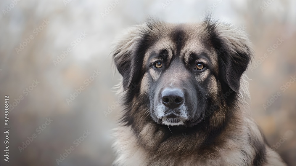 A Caucasian Ovcharka dog with a gentle expression, looking directly at the camera, with plenty of copy space on its left A Caucasian Ovcharka dog with a gentle expression, looking directly at the camera, with plenty of copy space on its left