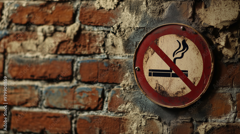 Old no smoking sign on weathered brick wall, anti-smoking prohibition concept Old no smoking sign on weathered brick wall, anti-smoking prohibition concept