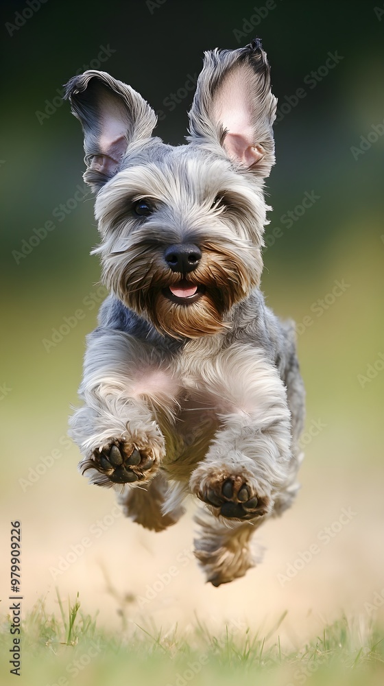 A playful Cesky Terrier in mid-action, with its ears flopping and tail wagging, capturing its joyful spirit A playful Cesky Terrier in mid-action, with its ears flopping and tail wagging, capturing its joyful spirit