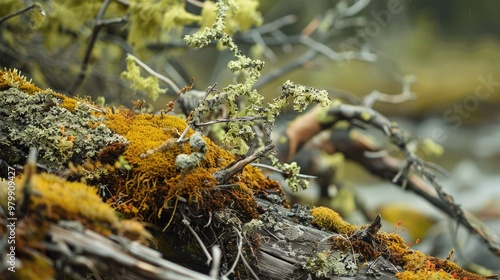 Natural scene with lichen moss branches and snags Suitable for beauty product branding photo