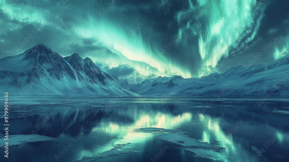 Fototapeta premium The Northern Lights dancing above a tranquil mountain range, with reflections of the aurora creating a mesmerizing scene in a still, icy lake below.