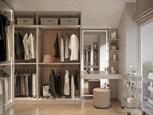 Photos Large bright dressing room with a panoramic window, toilet table and shelves for