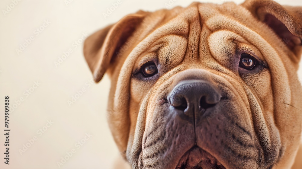 A close-up portrait of a Chinese Shar-Pei dog with its distinctive features highlighted, including deep-set eyes and a broad muzzle, with a light solid color background A close-up portrait of a Chinese Shar-Pei dog with its distinctive features highlighted, including deep-set eyes and a broad muzzle, with a light solid color background