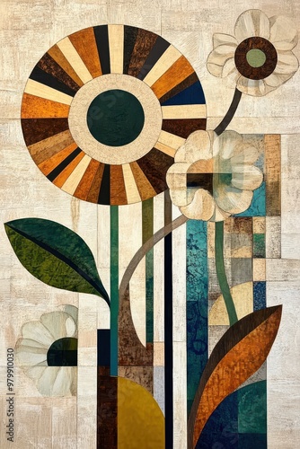 Mid-century modern abstract, geometric sun and moon