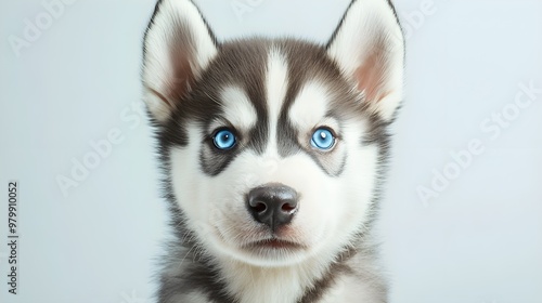 A playful Alaskan Malamute puppy with bright blue eyes, surrounded by a light solid color background, capturing its youthful energy