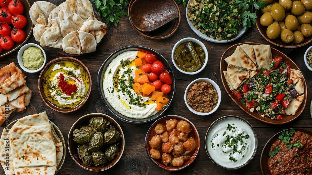 A Meze. The most popular Turkish dishes. A selection of small dishes served as appetizers, including dishes like hummus, baba ghanoush, dolma and haydari. A Meze. The most popular Turkish dishes. A selection of small dishes served as appetizers, including dishes like hummus, baba ghanoush, dolma and haydari.