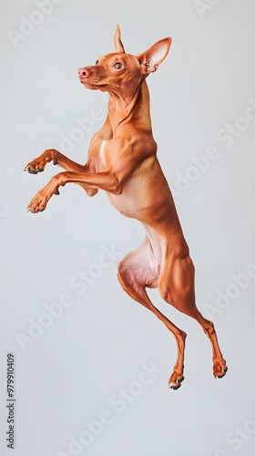 A playful Cirneco Dell'etna dog jumping in the air, capturing its agility and energy, with a light solid color background photo