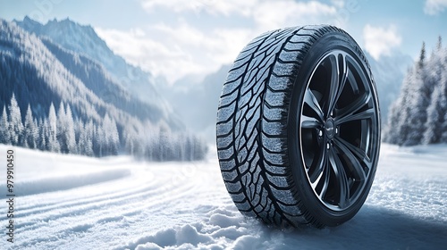 Close-up of winter tires on a car, with a snowy road in the background