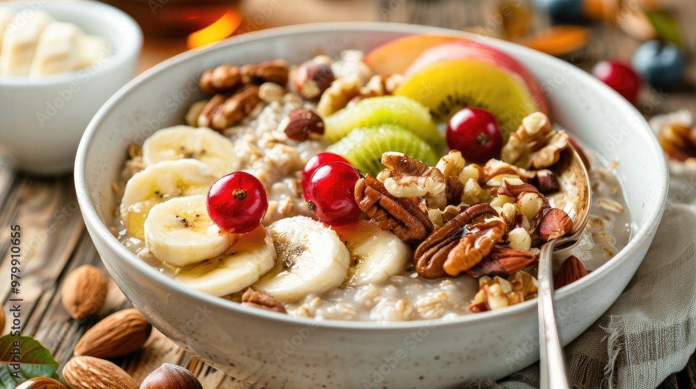 Nutritious breakfast bowl with oatmeal fruits and nuts in white dish Nutritious breakfast bowl with oatmeal fruits and nuts in white dish