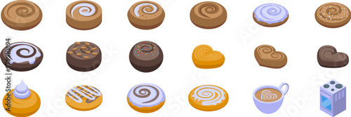 Cinnamon bun icons set. Sweet pastries with different toppings and shapes, perfect for a delicious breakfast or snack