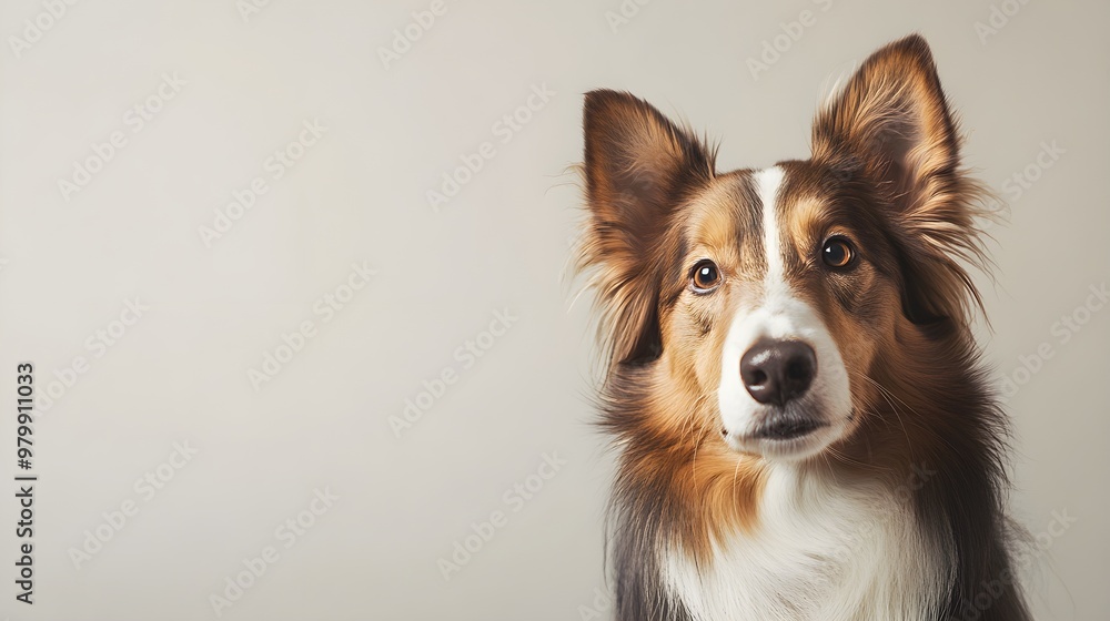 A close-up of a Collie dog with a shiny coat, sitting gracefully against a light solid color background, showcasing its expressive eyes and gentle demeanor A close-up of a Collie dog with a shiny coat, sitting gracefully against a light solid color background, showcasing its expressive eyes and gentle demeanor