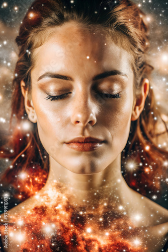 a woman with closed eyes, seemingly in a dreamy or meditative state, set against a vibrant, cosmic backdrop