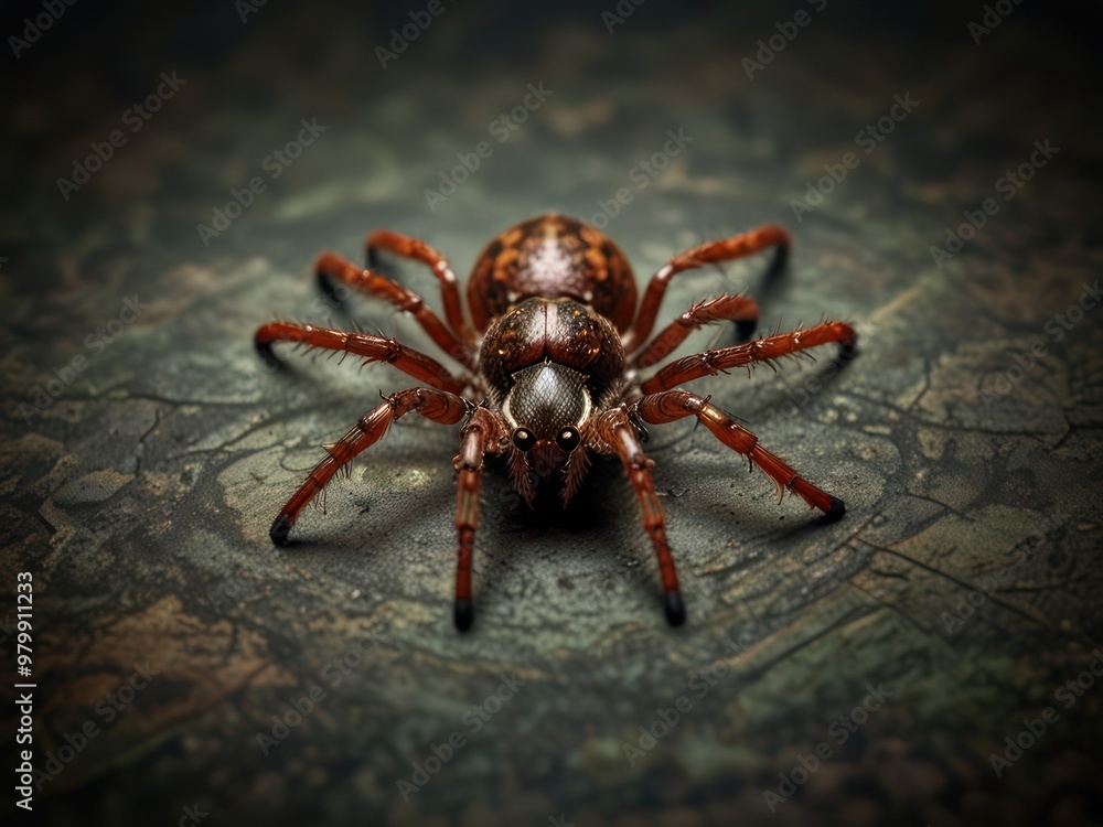 Macro shot of a brown spider resting on a textured surface outdoors Macro shot of a brown spider resting on a textured surface outdoors
