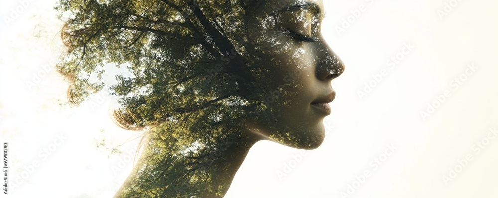 Double exposure of woman profile blended with green forest foliage Double exposure of woman profile blended with green forest foliage