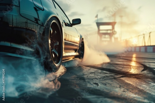 A black sports car is driving down a road with smoke coming out of its tires, generative ai image photo