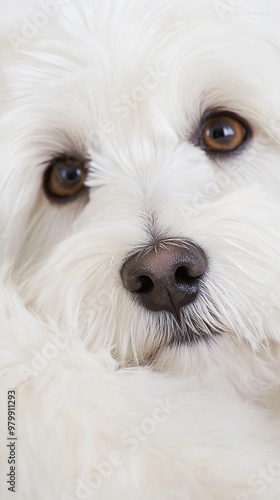 A close-up of a Coton De Tulear's face, highlighting its expressive eyes and cute nose, set on a light solid color background