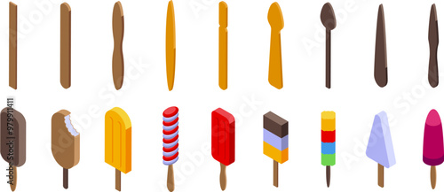 Popsicle stick icons set. Set of delicious looking ice cream bars on wooden sticks, with a variety of flavors and colors, ideal for projects related to summer, desserts, and refreshing treats