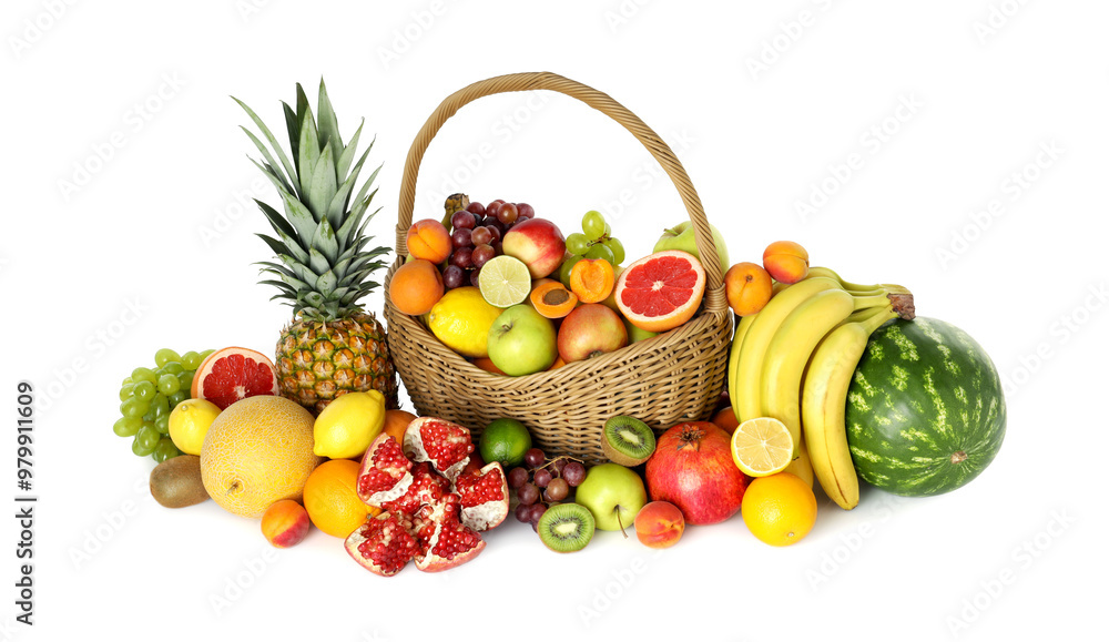 Many different fresh fruits in wicker basket isolated on white Many different fresh fruits in wicker basket isolated on white