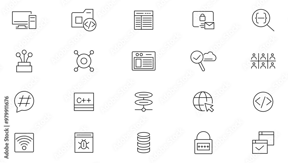Programming line icon set. Web development, code, website, cloud, app, data, software, algorithm, API, build, technology, developer, advertising, app, archive line icon set. UI thin line icon pack. Programming line icon set. Web development, code, website, cloud, app, data, software, algorithm, API, build, technology, developer, advertising, app, archive line icon set. UI thin line icon pack.