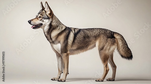 A majestic Czechoslovakian Vlcak dog standing proud against a light solid color background, showcasing its striking wolf-like features and strong physique photo