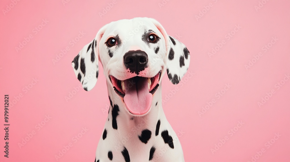 A Dalmatian dog with its tongue out, exuding happiness against a solid pastel background, highlighting its expressive features A Dalmatian dog with its tongue out, exuding happiness against a solid pastel background, highlighting its expressive features