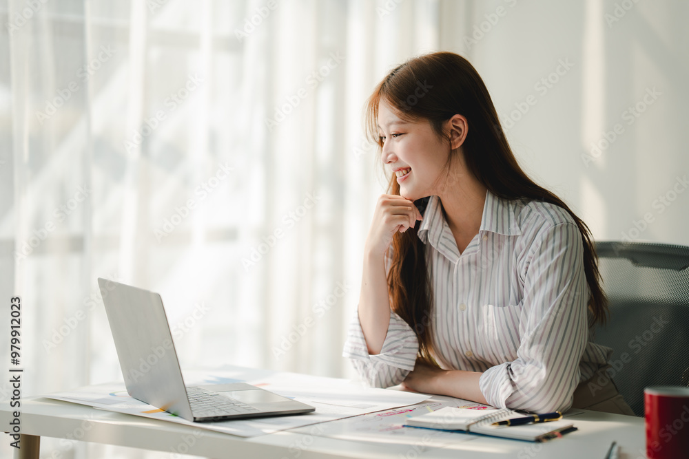 female employee smiling brightly Holding a cup of morning coffee at the office Young woman working on tablet at office Review business documents, audit accounts, search documents, legal documents, cre female employee smiling brightly Holding a cup of morning coffee at the office Young woman working on tablet at office Review business documents, audit accounts, search documents, legal documents, cre