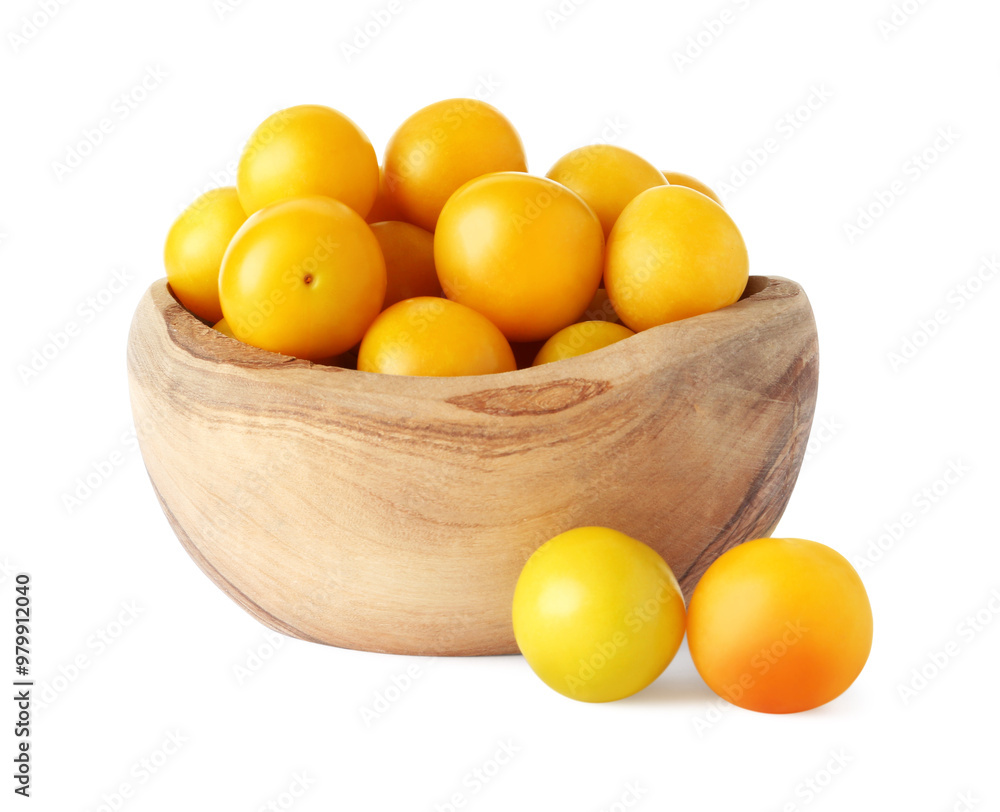 Fresh ripe yellow plums in bowl isolated on white