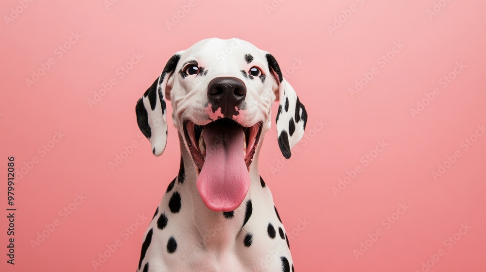 A Dalmatian dog with its tongue out, exuding happiness against a solid pastel background, highlighting its expressive features A Dalmatian dog with its tongue out, exuding happiness against a solid pastel background, highlighting its expressive features