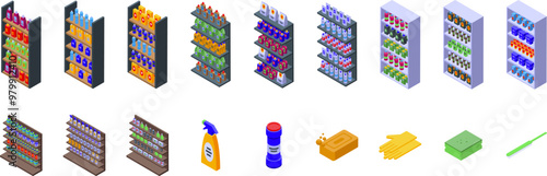 Shelves household chemicals icons set. Isometric vector illustration set of cleaning products on supermarket shelves with cleaning supplies like gloves, soap and sponge