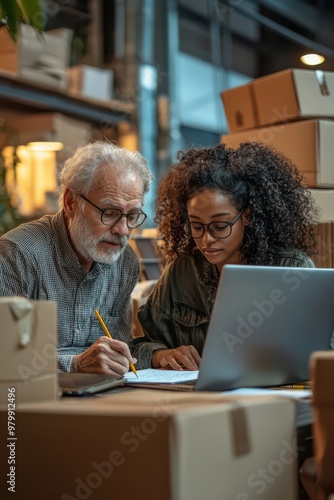 An older man and a young woman collaborate in a warehouse, focusing on business documents and a laptop with boxes around them.