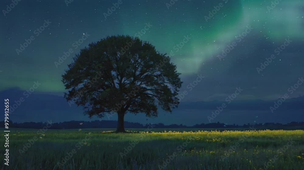 Lone tree under the northern lights in a peaceful night sky, seamless looping 4k animation video background Lone tree under the northern lights in a peaceful night sky, seamless looping 4k animation video background