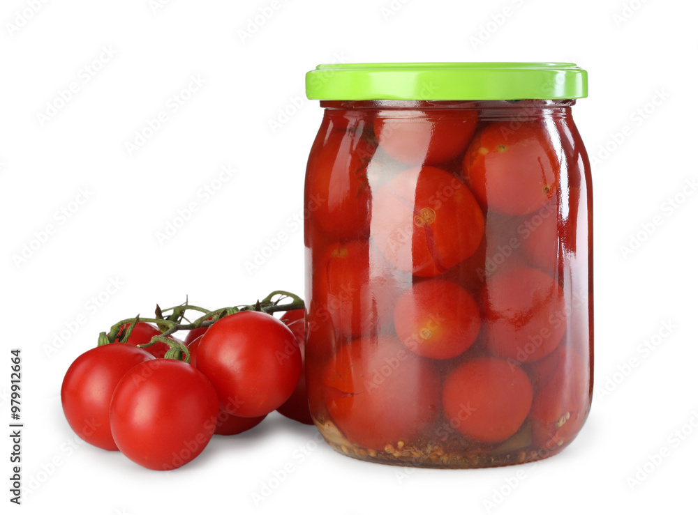 Tasty pickled tomatoes in jar and fresh ingredients isolated on white Tasty pickled tomatoes in jar and fresh ingredients isolated on white
