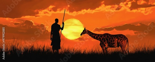 Silhouette of man and giraffe at sunset in the African savanna