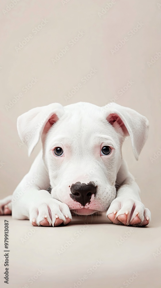 A playful Dogo Argentino puppy lying on a soft surface, with a light solid color background highlighting its playful nature A playful Dogo Argentino puppy lying on a soft surface, with a light solid color background highlighting its playful nature