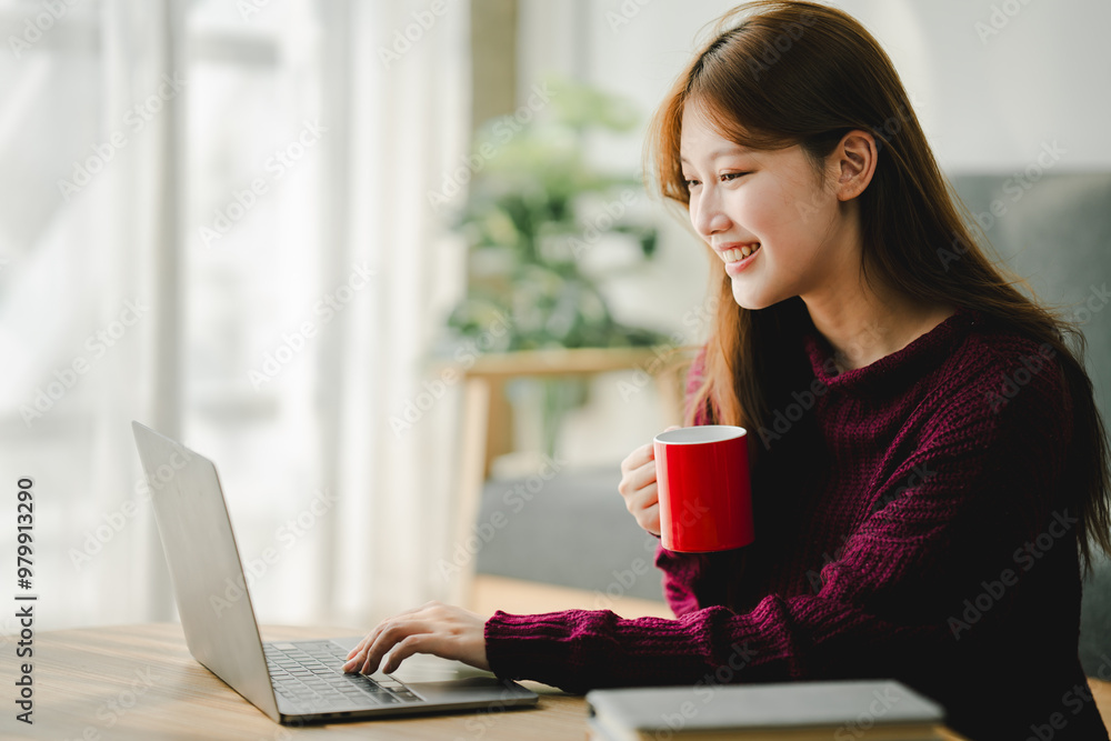 Smiling young woman working on her laptop at home. Smiling young woman working on her laptop at home.