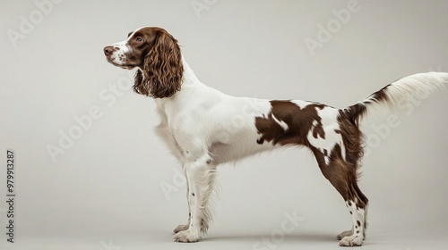 A Drentsche Patrijshond standing gracefully against a light solid color background, showcasing its elegant posture and distinctive coat patterns photo