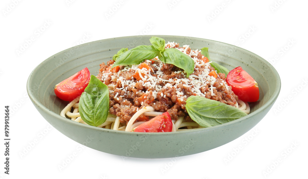 Delicious pasta bolognese with basil and tomatoes isolated on white Delicious pasta bolognese with basil and tomatoes isolated on white