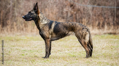 A majestic Dutch Shepherd dog standing proud in a field, showcasing its athletic build and striking brindle coat, with a light solid color background photo