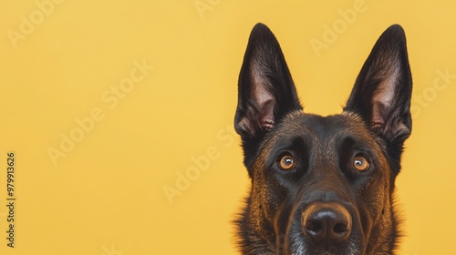 A close-up of a Dutch Shepherd dog with expressive eyes and alert ears, perfectly capturing its intelligence and loyalty, light solid color background photo