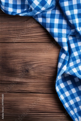 Bavarian tablecloth on wooden table background. Blue and white checkered cloth, napkin. Oktoberfest festival celebration. Bavaria flag. Invitation, greeting card with copy space