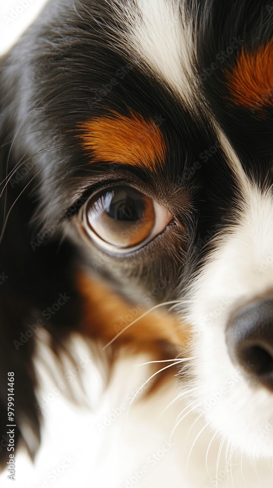 A close-up of an English Toy Spaniel's face, highlighting its unique features and gentle expression on a plain background A close-up of an English Toy Spaniel's face, highlighting its unique features and gentle expression on a plain background