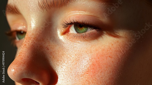 Close-Up Portrait of a Woman's Eye with Freckles and Sunlight