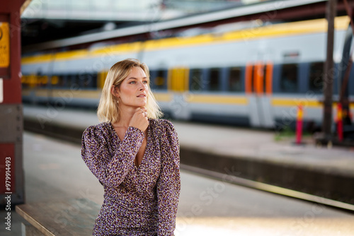a beautiful woman waiting a friend on train station 