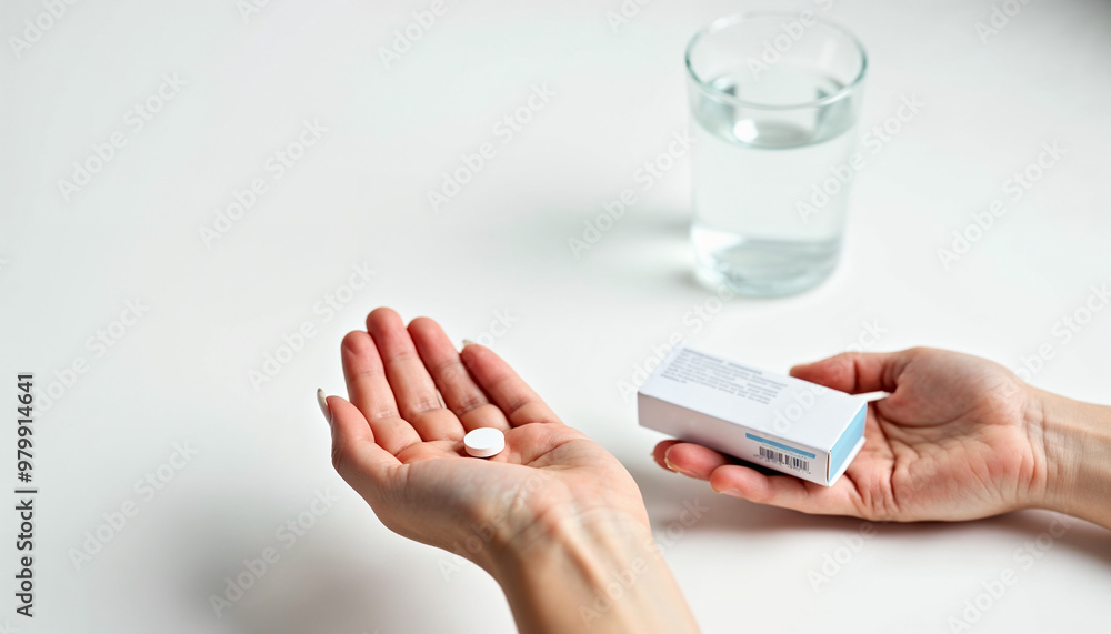 Pill in hand with medication box and out-of-focus glass of water, emphasizing a clean medical theme.
Pill in hand with medication box and out-of-focus glass of water, emphasizing a clean medical theme.